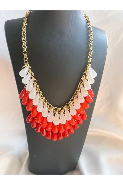COCOSH TAKI Pomegranate Flower Red Pink Stone Gold Color Multi Necklace