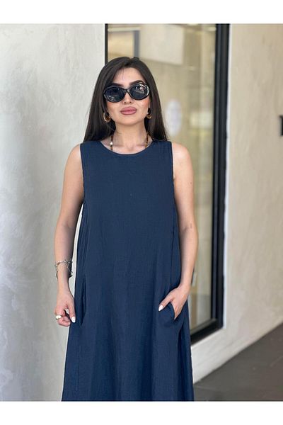 Ranasubaşı 100% Linen Zero Sleeve Dress Navy Blue