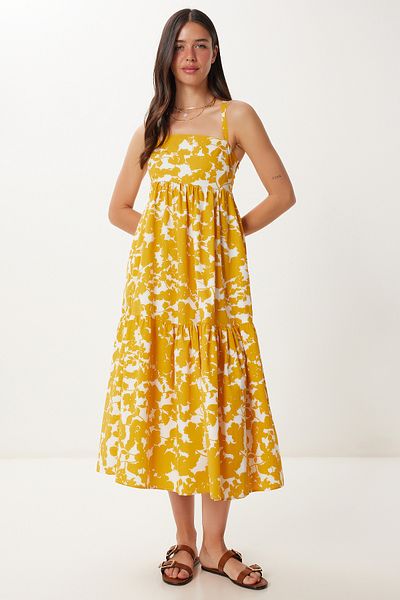 Lovelyİstanbul Patterned Strap Summer Woven Dress Mustard Lfk0017
