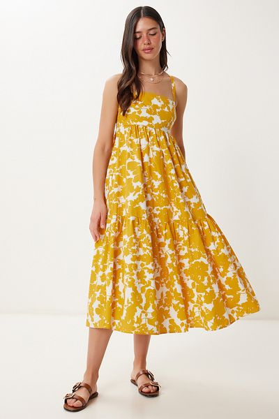 Lovelyİstanbul Patterned Strap Summer Woven Dress Mustard Lfk0017