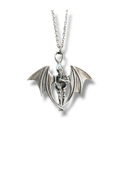 Herşey Nota Gothic Winged Skeleton Figured Unisex Necklace – with 60 cm Chain, Gothic and Charismatic Design