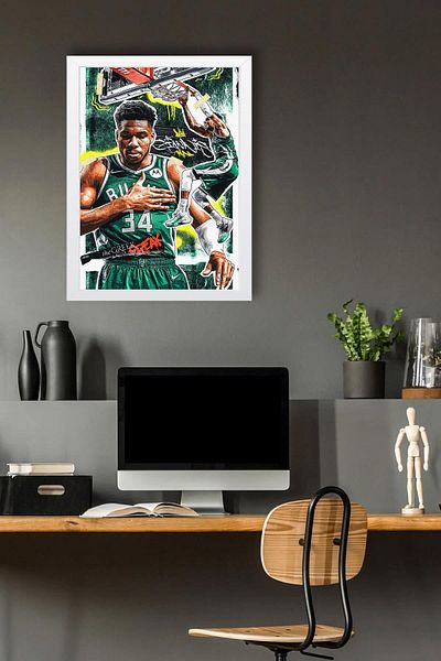 Saturn Giannis Antetokounmpo Framed Painting - Milwaukee Bucks Nba Poster Painting
