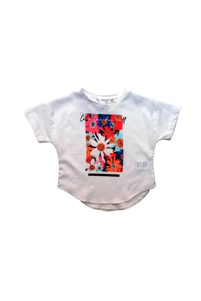 Escabel Girl's Stylish Floral Printed Front and Plain Back T-Shirt Ecru