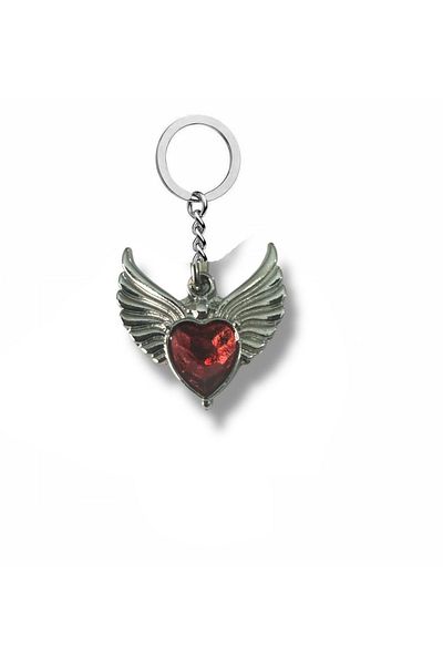 Herşey Nota Winged Heart Red Stone Unisex Keychain – Elegant Icon of Love and Freedom