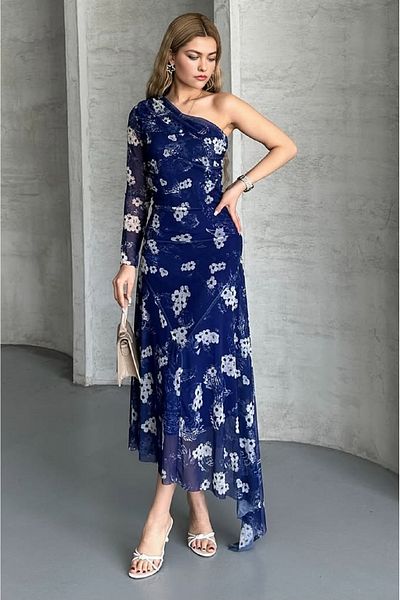 PNR WOMAN Tight Fit Skirt Asymmetrical One Shoulder Lined Floral Pattern Tulle Dress