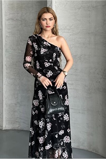 PNR WOMAN Dar Kalıp Eteği Asimetrik Tek Omuz Astarlı Çiçek Desen Tül Elbise