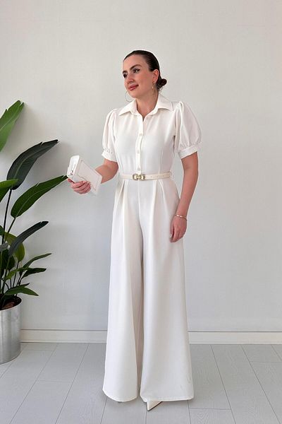 MaziButik Πουκάμισο γιακά Πλισέ Ολόσωμη φόρμα Λευκή
