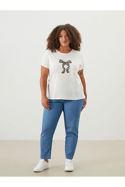 LC Waikiki Ecru Crew Neck Ribbon Embroidered Women's T-Shirt