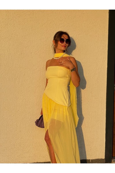 Yuli Sarı Straplez Elbise/mezuniyet Elbisesi/gece Elbisesi/davet Elbisesi/tül Detaylı Abiye Elbise