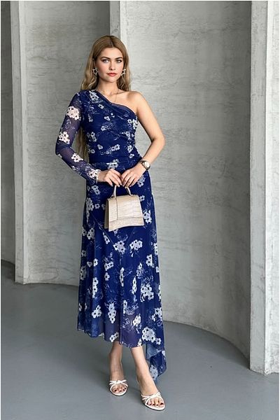 PNR WOMAN Tight Fit Skirt Asymmetrical One Shoulder Lined Floral Pattern Tulle Dress