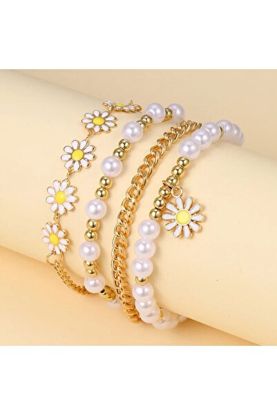 Shiklik MODA مجموعة أساور زهرة الأقحوان الأنيقة باللؤلؤ - 4 قطع أنيقة