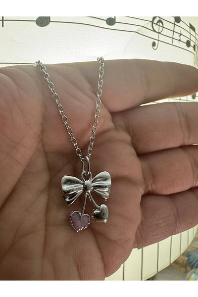 Herşey Nota Unisex Necklace with Pink Stone Heart Bow Figure – 60 cm Chain, Romantic and Elegant Design