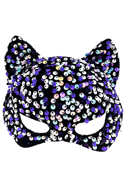 Skygo Siyah Kadife Kumaş Üzerine Mor Beyaz Payetli Pullu Parti Maskesi 16x14 cm
