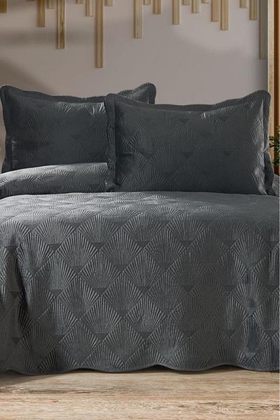 Çeyiz Diyarı Arzen Embroidered Velvet Double Bedspread 250X260 Anthracite