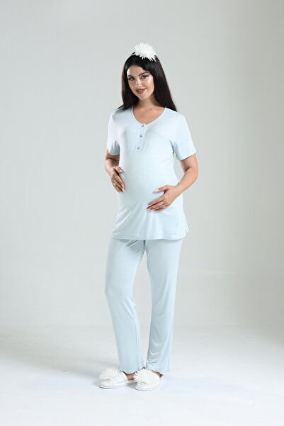 Genel Markalar Tuba Mavi Desenli Pamuklu Hamile Sabahlıklı Lohusa Hamile 3'lü Pijama Takım Set