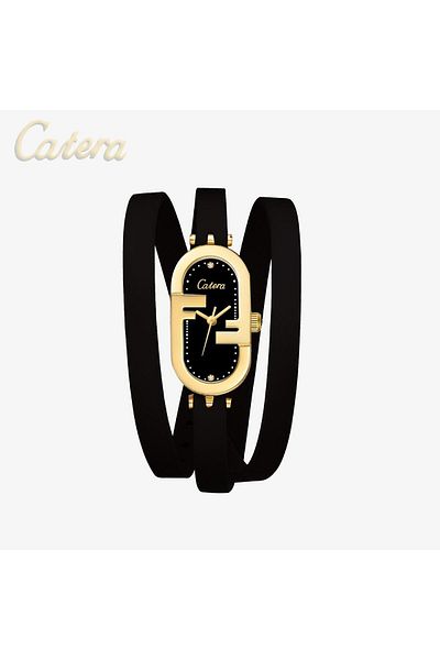 catera Caterra women's watch, black leather, gold frame, black dial