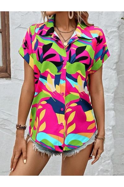 Modayakamoz Women's Moss Crepe Fabric Short Sleeve Flower Patterned Shirt