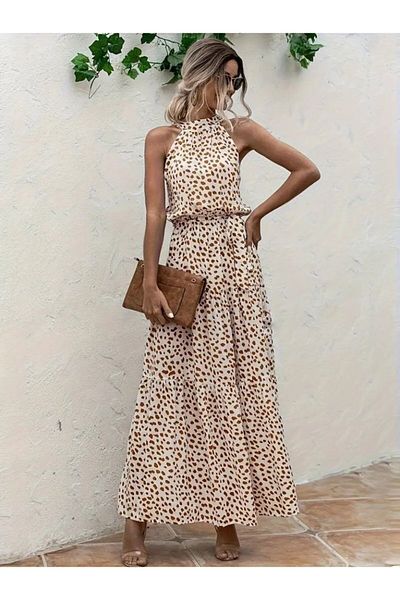 İpeksi Silky Women's Circle Collar Patterned Single Jersey Dress with Elastic Waist