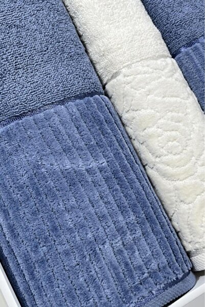 Çeyiz Diyarı Sevgi Hamam Takımı 4 Parça Krem - Mavi