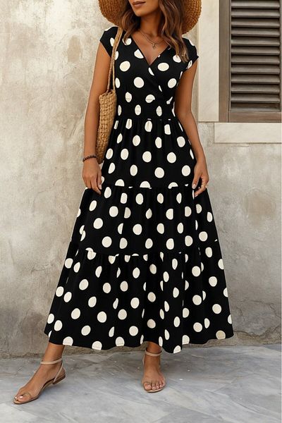 Simala Rochie maxi pentru femei, cu mâneci scurte, cu guler dublu, cu talie elastică