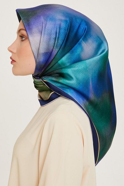 Armine Silk Scarf 2025 Winter - 9233-37 Navy Blue Green Twill