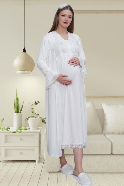 Mecit Pijama Mecit 1518 Ecru Maternity Nightgown Set with Morning Dress