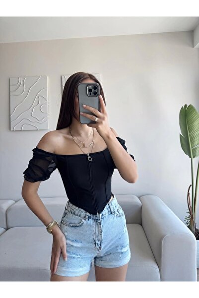 Zoom Butik Kol Şifon Madonna Crop - SİYAH