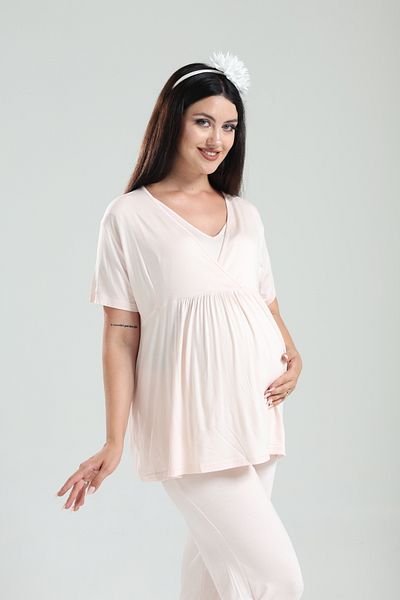 BLACKMORE Tuba Powder Muslim Fabric Double Breasted Maternity Pajamas Set with Maternity Maternity 3-Piece Pajamas Set