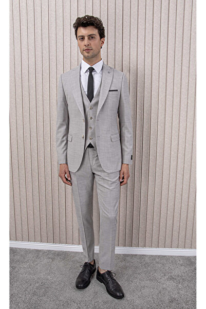 MUBE Erkek Likralı Slim Fit Sivri Yaka Yelekli Takım Elbise