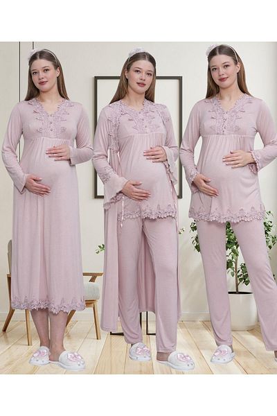 Mecit Pijama Mecit 1519 Dusty Rose Maternity Dressing Gown Nightgown Pajama Set