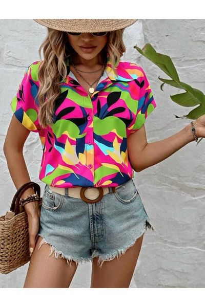 Modayakamoz Women's Moss Crepe Fabric Short Sleeve Flower Patterned Shirt