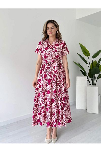 Dks Life Shirt Collar Floral Pattern Buttoned Waist Elastic Belted Pocket Long Viscose Dress