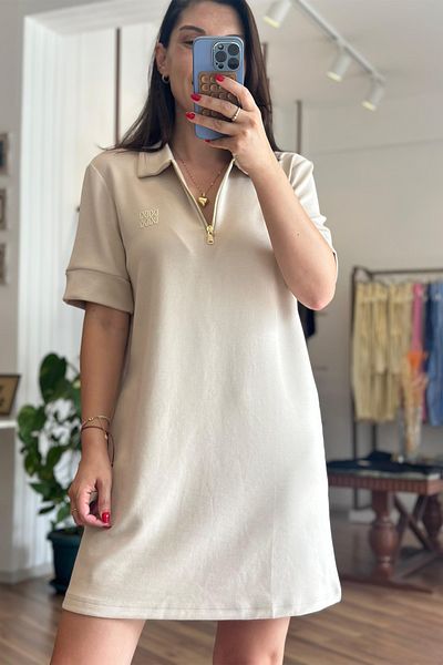 Unique Boutique Polo Neck Half Zipper Cream Colored Modal Fabric Dress