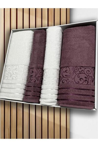 Çeyiz Diyarı Deren Bath Set 4 Pieces Cream - Plum