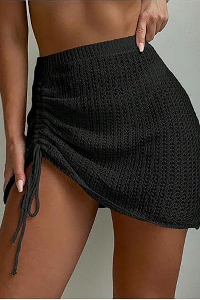 Hney Women's Knitted Beach Skirt - Lace Look Mini Pareo Skirt with Slit Tie