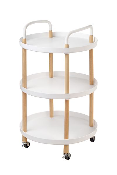 Lawazim 3-Tier Round Side Table - White Mobile Bedside or Coffee Table with Wheels & Handles