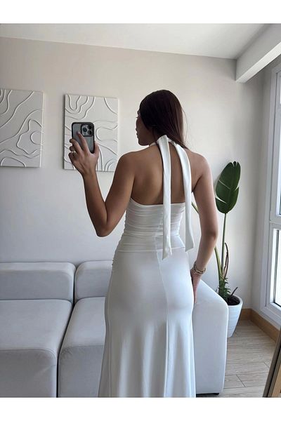 Zoom Butik Neck Tie Maxi Dress - White