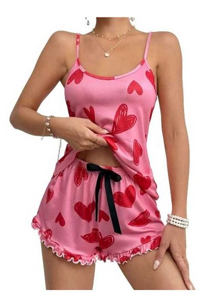 Ruselin Missayza Pink Heart Patterned Shorts Women's Set