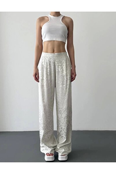 Myra Leopard Patterned Satin Trousers-Ecru