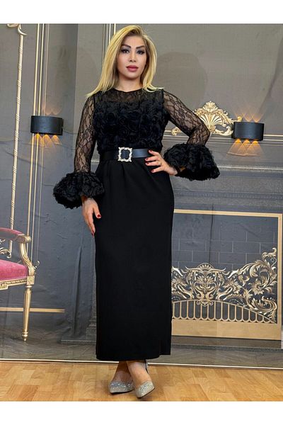 Yeşilmoda Evening Dress,Gipure and Flower,Crepe Fabric,Hidden Zipper,Belted,Slit Dress,Elegant Evening