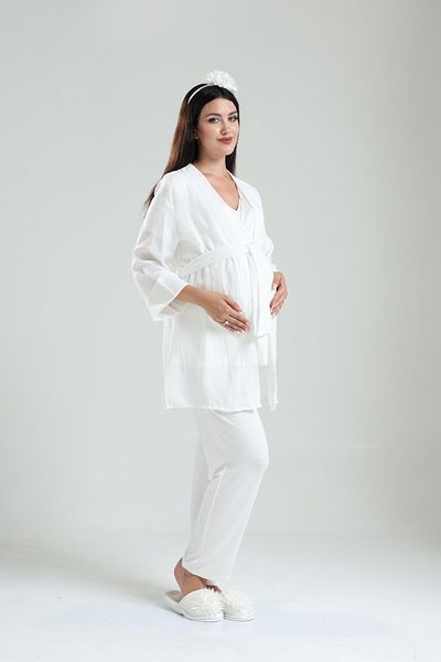 BLACKMORE Tuba Ecru Muslim Fabric Double Breasted Maternity Pajamas Set with Maternity Maternity 3-Piece Pajamas Set