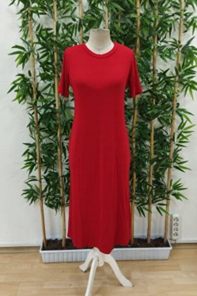 Mossta Short Sleeve Crew Neck Slit Basic Dress - Red