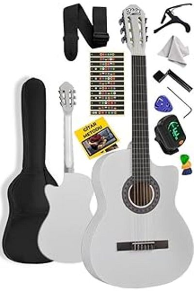 NETWORK ART Midex Cg-395Wh White Color Cutaway Classic Guitar 4/4 Adult Size Full Set with Neck Adjustment