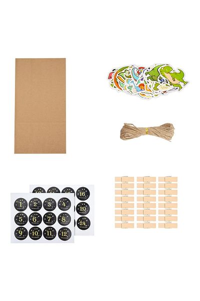 OEM Set 24 pungi cu stickere, cleme si ata, 13 x 8 x 22 cm, hartie, lemn, multicolor
