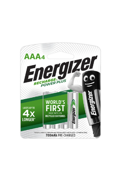 Energizer بطاريات قلوية قابلة للشحن AAA سعة 700 مللي أمبير/ساعة، مكونة من 4 قطع باللونين الفضي والأخضر