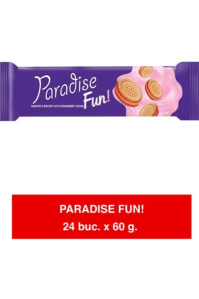 Paradise FUN – Biscuiți cu Cremă de Căpșuni – 60g x 24 | Gustare Fructată și Delicată