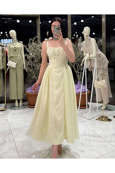 missswans Nessa Daisy Patterned Decollete Draped Strap Tie Long Dress Yellow