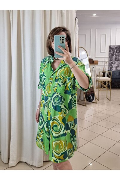 pudubutik فستان قميص منقوش من القطن بنسبة 100% باللون الأخضر