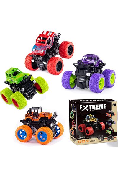 TOYBY مجموعة من 4 سيارات لعب تعمل بالاحتكاك للأولاد من عمر 2 إلى 3 سنوات، مجموعة ألعاب سيارات مونستر شاحنات إنيرشيا، لعبة بهلوانية