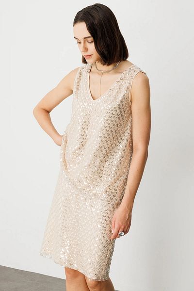 Ekol Front Back V-Neck Sequin Blouse Ecru-3328